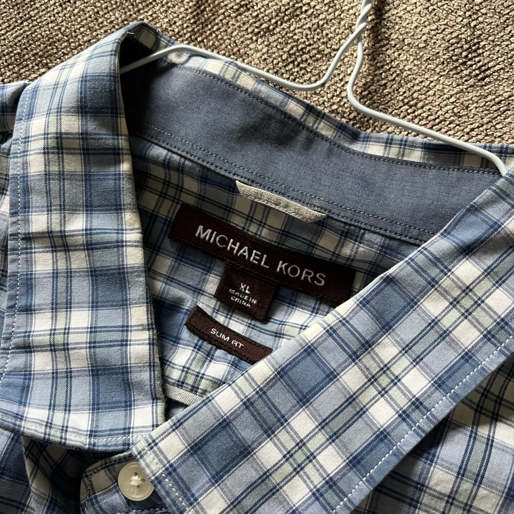 Michael Kors Slim Fit XL Blue & White Checkered Button Down Shirt - Picture 8 of 9
